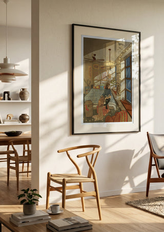 In my room by Nina Broen in a black frame in a bright dining room with wooden chairs