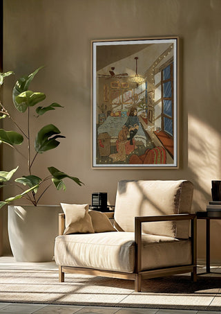 In my room by Nina Broen framed above a beige armchair beside a potted plant