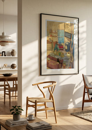 Evening by Nina Broen in a black frame in a bright dining room with wooden chairs