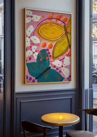 Gentle things by LGDyrby in an oak frame on a panelled café wall