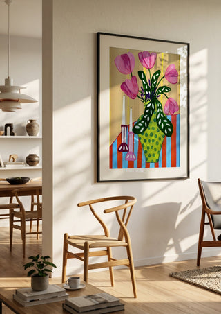 Flower Power by LGDyrby in a black frame in a bright dining room with wooden chairs