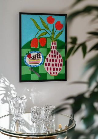 Sweet Afternoon by LGDyrby in a black frame above a glass table with crystal glassware