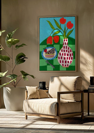 Sweet Afternoon by LGDyrby framed above a beige armchair beside a potted plant