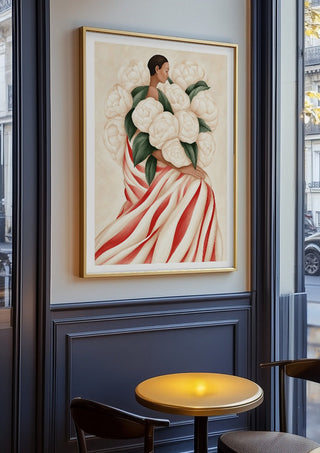 White Peonies by Martina Karlsson in an oak frame on a panelled café wall