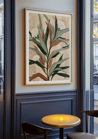 Sage and Rust by Martina Karlsson in an oak frame on a panelled café wall