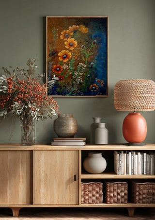 Cosmos in Ochre by Svetla Stoyanova Bassi above a wooden sideboard on a sage green wall