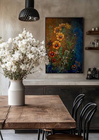Cosmos in Ochre by Svetla Stoyanova Bassi in a black frame above a rustic table with white flowers