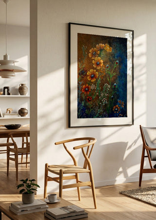 Cosmos in Ochre by Svetla Stoyanova Bassi in a black frame in a bright dining room with wooden chairs