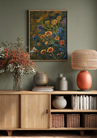 Field Flowers in Olive by Svetla Stoyanova Bassi above a wooden sideboard on a sage green wall