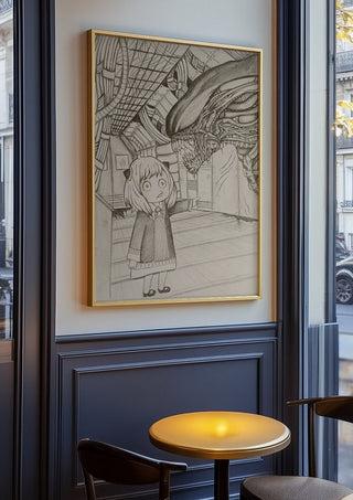 Alien X Anya by CarolineV in an oak frame on a panelled café wall