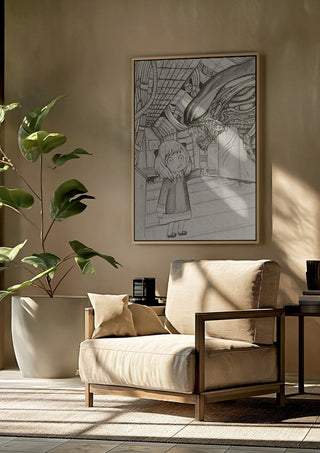 Alien X Anya by CarolineV framed above a beige armchair beside a potted plant