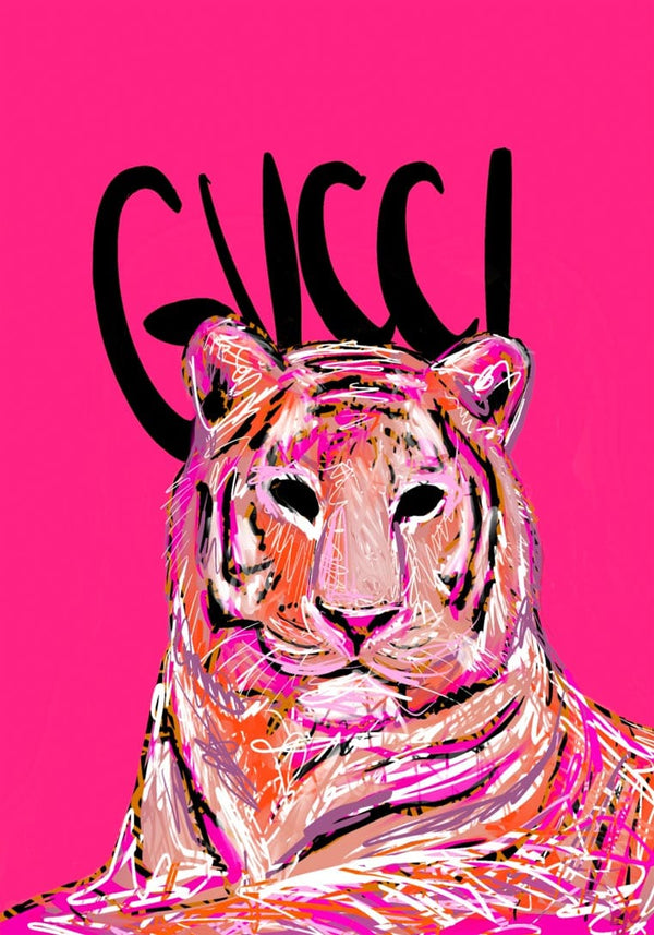 Stylized tiger illustration with "Gucci" text above on a bright pink background, featured on the Gucci Tiger Fashion No 02 Plakat.