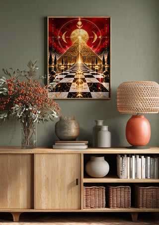 Golden temple by RA above a wooden sideboard on a sage green wall
