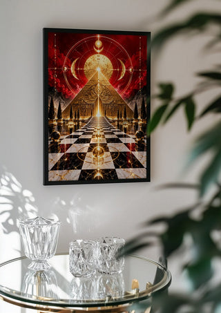 Golden temple by RA in a black frame above a glass table with crystal glassware
