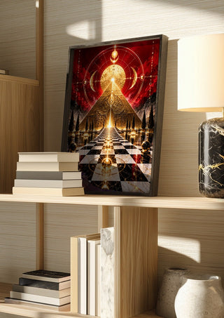 Golden temple by RA in a dark frame on a wooden shelf beside books and a lamp
