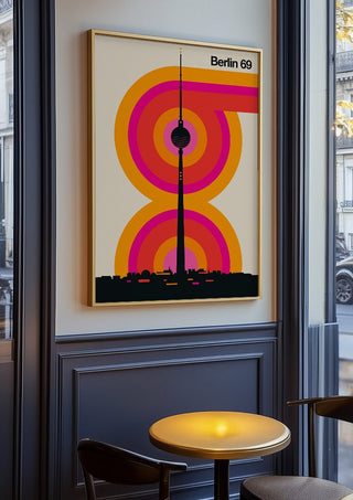 Berlin 69 by Bo Lundberg in an oak frame on a panelled café wall