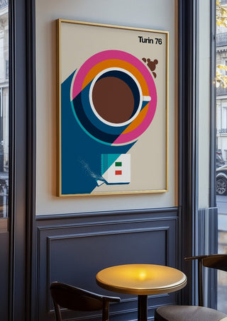 Turin 76 by Bo Lundberg in an oak frame on a panelled café wall