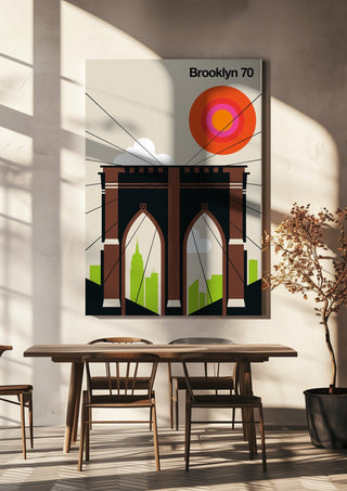 Brooklyn 70 by Bo Lundberg hanging above a wooden dining table in warm sunlight