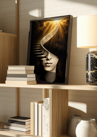 The Ascending Mind by RA in a dark frame on a wooden shelf beside books and a lamp
