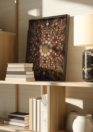 Dark mandala by RA in a dark frame on a wooden shelf beside books and a lamp