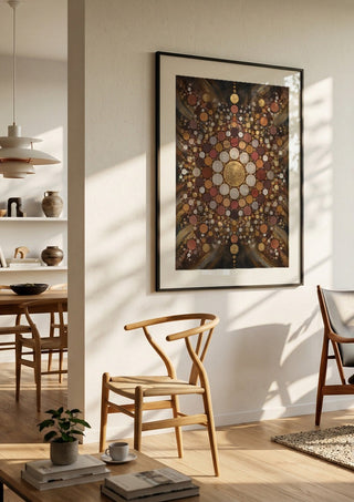 Dark mandala by RA in a black frame in a bright dining room with wooden chairs