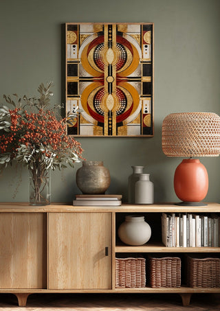 Abstract by RA above a wooden sideboard on a sage green wall