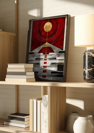 Pyramid by RA in a dark frame on a wooden shelf beside books and a lamp