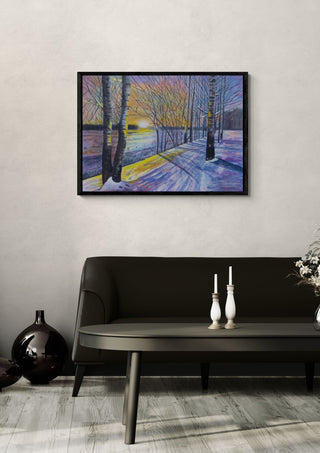 Late Afternoon in Winter by Finbar Stevens in a black frame above a dark sofa with candlesticks and a vase