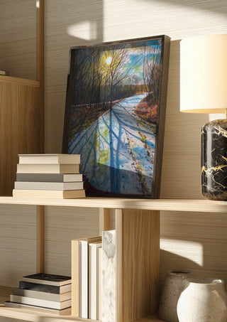 Shadows of the Day by Finbar Stevens in a dark frame on a wooden shelf beside books and a lamp