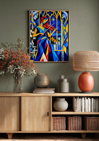The Violinist at the Window by Andreas Gerlach above a wooden sideboard on a sage green wall