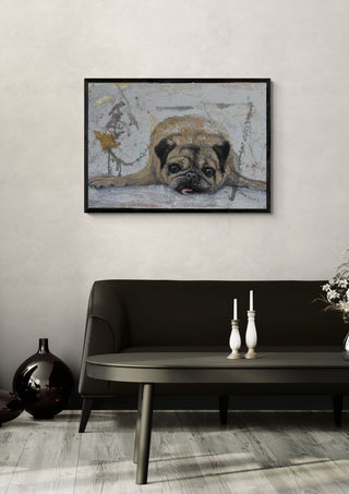 Rough and sweet by Anke Fillies in a black frame above a dark sofa with candlesticks and a vase