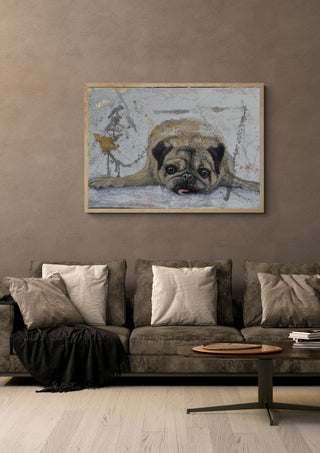 Rough and sweet by Anke Fillies in a light wood frame above a grey sofa with cushions
