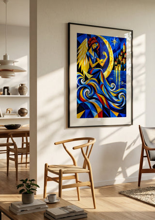 Luna by Andreas Gerlach in a black frame in a bright dining room with wooden chairs
