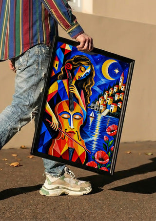 Melody of the Blue Night by Andreas Gerlach carried in a black frame along a sunny street