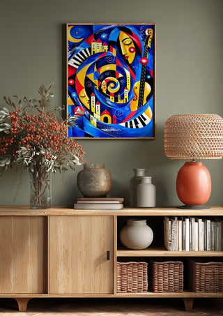 Symphony of Dreams by Andreas Gerlach above a wooden sideboard on a sage green wall