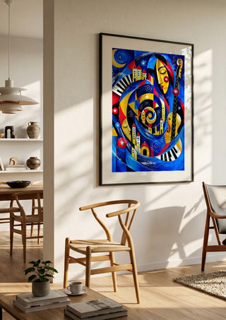 Symphony of Dreams by Andreas Gerlach in a black frame in a bright dining room with wooden chairs