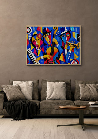 Midnight Jazz Ensemble by Andreas Gerlach in a light wood frame above a grey sofa with cushions