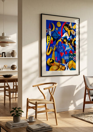 The Divine Touch by Andreas Gerlach in a black frame in a bright dining room with wooden chairs