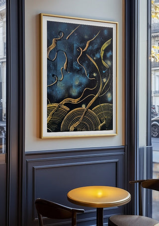 Gold Ribbons at Night by luco art in an oak frame on a panelled cafe wall