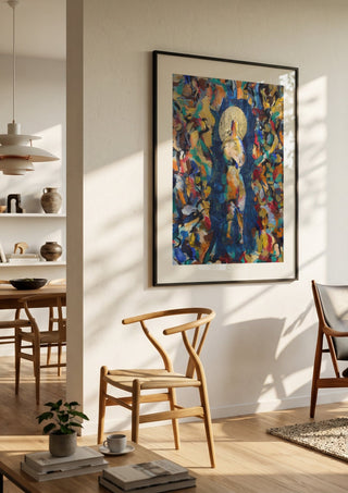 The Halo Up Close by António D'Albuquerque in a black frame in a bright dining room with wooden chairs