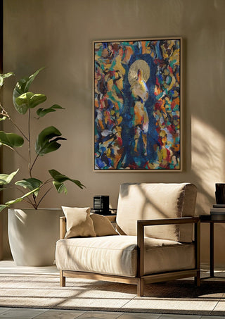 The Halo Up Close by António D'Albuquerque framed above a beige armchair beside a potted plant