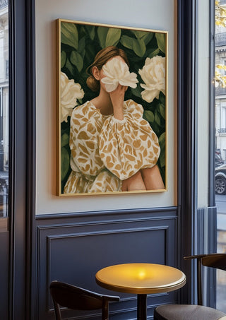 Behind the Peony by Martina Karlsson in an oak frame on a panelled cafe wall
