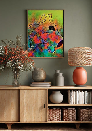 Color Pitbull by Nittaart above a wooden sideboard on a sage green wall