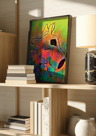 Color Pitbull by Nittaart in a dark frame on a wooden shelf beside books and a lamp