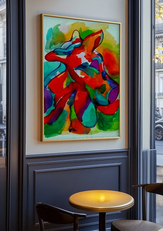 Color Pitbull 2 by Nittaart in an oak frame on a panelled cafe wall