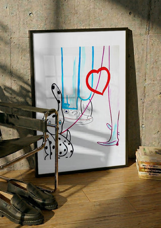 The third wheel by NKo in a black frame leaning against a concrete wall by a steel chair