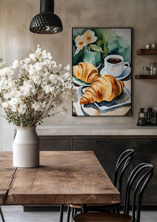Petit dejeuner - coffee and croissants by Ohkimiko in a black frame above a rustic table with white flowers