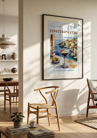 Dolce Freschezza - Espresso Martini by Ohkimiko in a black frame in a bright dining room with wooden chairs
