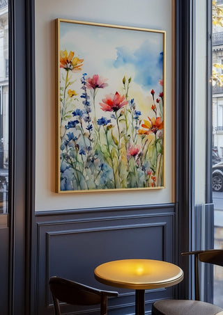Wildflowers by Ohkimiko in an oak frame on a panelled cafe wall