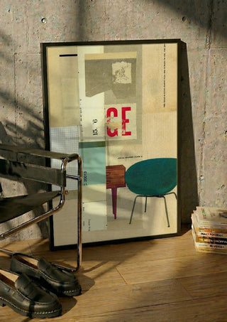 Neatly Wrapped by Kareem Rizk in a black frame leaning against a concrete wall by a steel chair